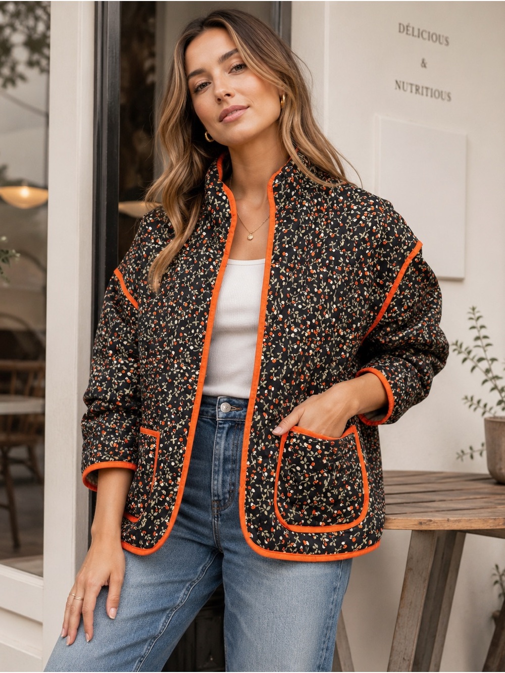 Quilted Floral Trim Jacket - Black with Orange Trim